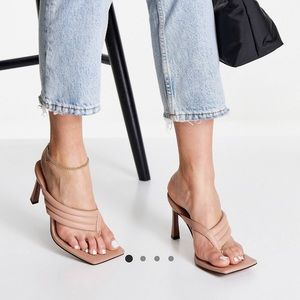 ASOS DESIGN padded square toe heels sandals thong in nude